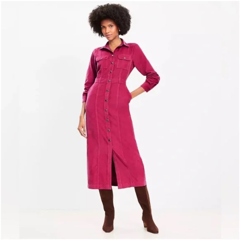 LOFT Petite Corduroy Midi Pocket Shirtdress- Magenta Haze